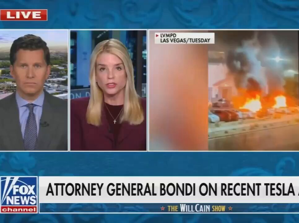 🚨 NEW: Attorney General Pam Bondi on attacks on Tesla: "They're targeting Tesla owners and dealerships. They're targeting Elon Musk who is trying to save our country. It will not be tolerated. We are coming after you. If you are funding this, we're going to find you."