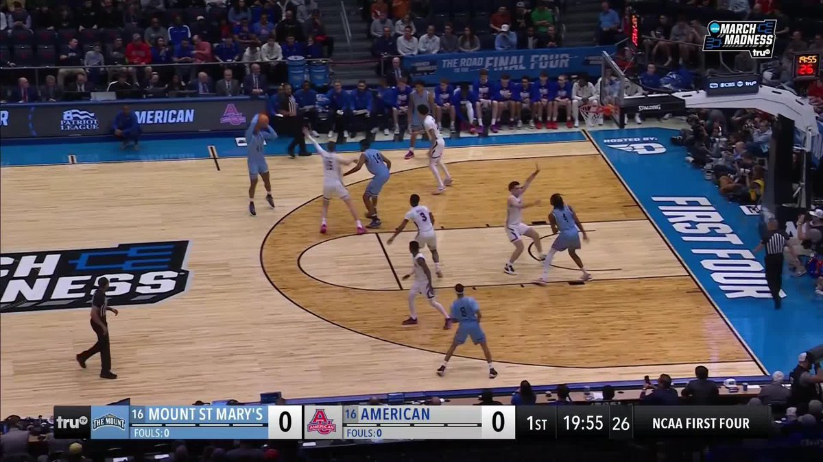 Ball is tipped and Mount St Mary's immediately drains a long ball 5 seconds into the game! Our scorebug was barely transitioned 🤣
