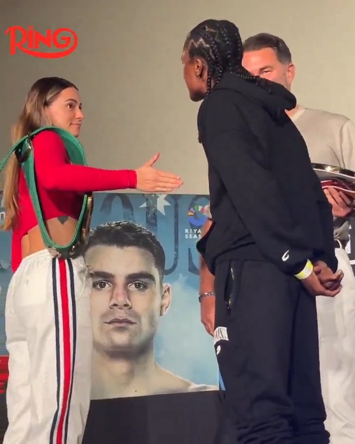 Skye Nicolson and Tiara Brown intense face-off at today's press conference ahead of their WBC featherweight world title fight on Saturday.
