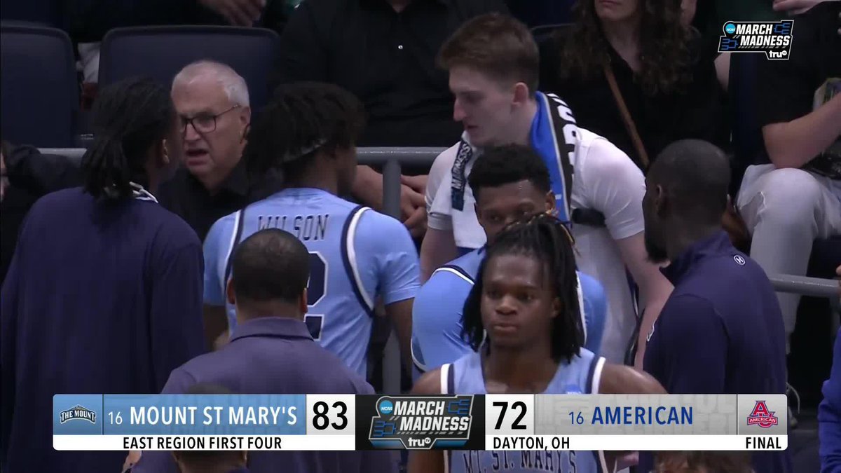 Bigger than basketball ❤️ The Mount St. Mary's players showed love to Matt Rogers after the buzzer. Rogers exited the game in the first half after sustaining a knee injury. #MarchMadness