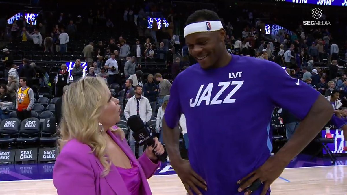 1 day. 2 games. 59 minutes played. 41 points. 36 rebounds. And still smiling big as ever 💜 After a jam-packed day with the Salt Lake City Stars and Jazz, Oscar Tshiebwe ( love is love ) gets the mic with Holly Rowe for tonight's #WalkoffInterview 🎤