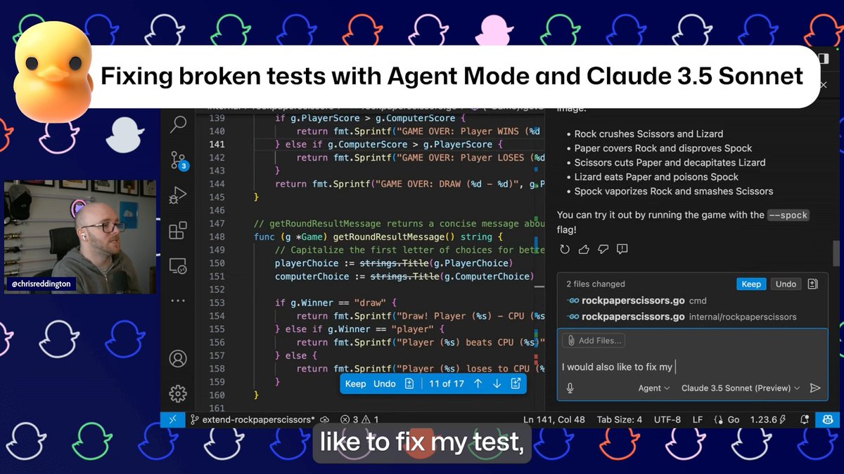 During Rubber Duck Thursdays, we added a new functionality to our CLI-based rock, paper, scissors game and used Copilot Agent Mode to help resolve the failing tests. 🤖 But what will we do this week? 👀 Join us at 10:30 a.m. GMT and 2:30 p.m. ET as we chat through ideas and build some projects. 🚀
