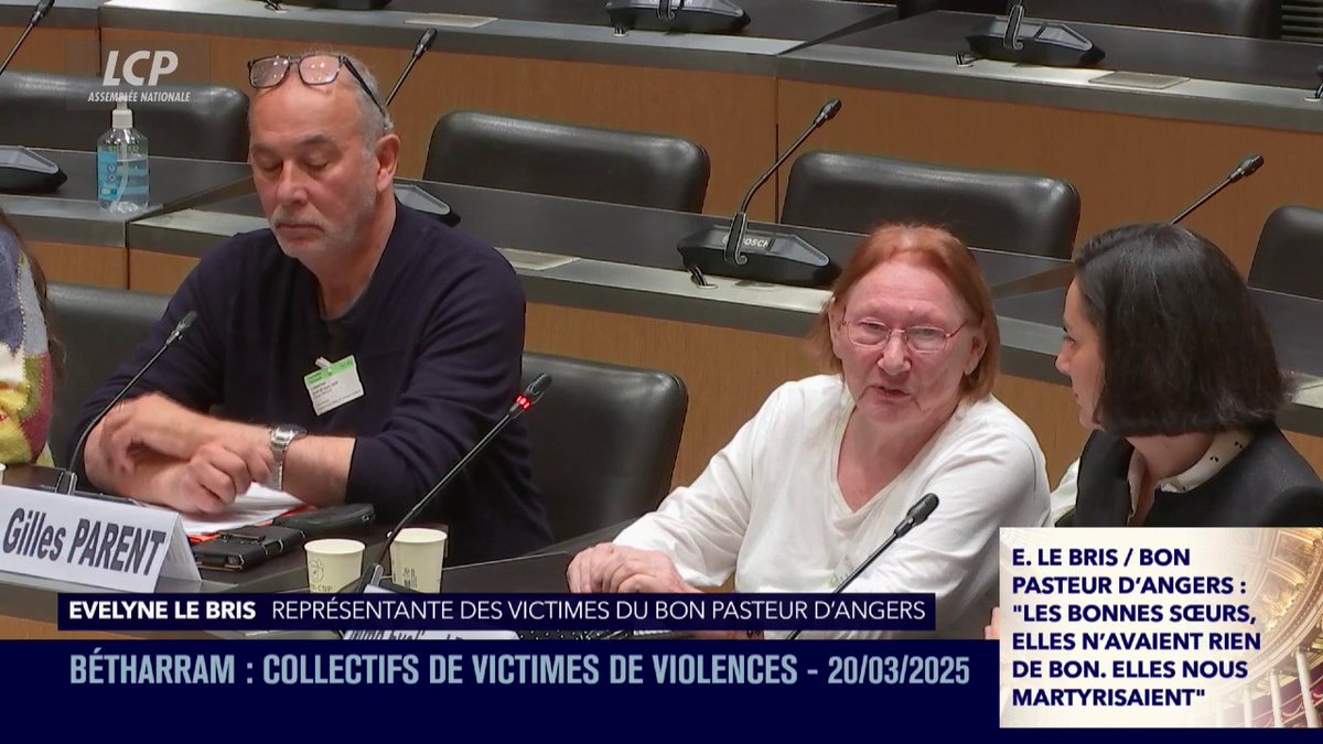 Evelyne Le Bris (Victimes du Bon pasteur d’Angers) explique que les filles devaient chercher la nuit, avec les chiens des "bonnes sœurs", celles qui avaient fugué : "Quelques fois, elles tombaient par terre, comme à Nancy… les chiens l'ont mangé en fait." #Bétharram #DirectAN