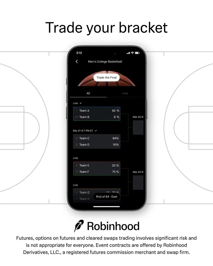 Trade your bracket in our new prediction market hub. The men’s and women’s college basketball tournaments are now live in the app: The first round starts later today, see you then.