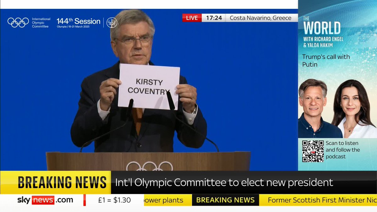 BREAKING: Kirsty Coventry elected as the new President of the International Olympic Committee. 📺 Sky 501, Virgin 602, Freeview 233 and YouTube
