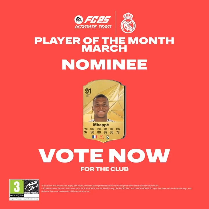 🔥 Pour la troisième fois cette saison, Kylian Mbappé est nominé pour le POTM ! ✍️ Votez pour lui dès maintenant ! 🎮 EA SPORTS FC