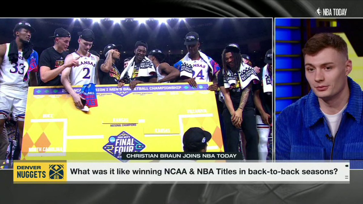 "It was two of the greatest years of my life." 😂 Nuggets guard Christian Braun talks to Malika Andrews about winning a NCAA title and an NBA title in back-to-back seasons 🤯