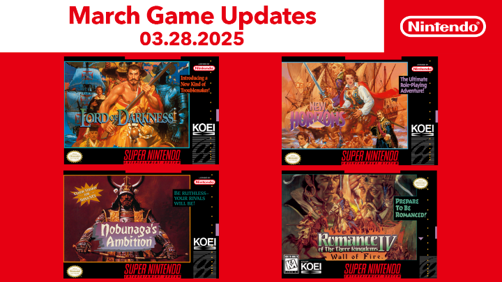 Prepare yourself! The following #SNES titles are marching towards release for #NintendoSwitchOnline members on 3/28! ☑️ NOBUNAGA'S AMBITION ☑️ NOBUNAGA'S AMBITION: Lord of Darkness ☑️ Romance of the Three Kingdoms IV™: Wall of Fire ☑️ Uncharted Water: New Horizons