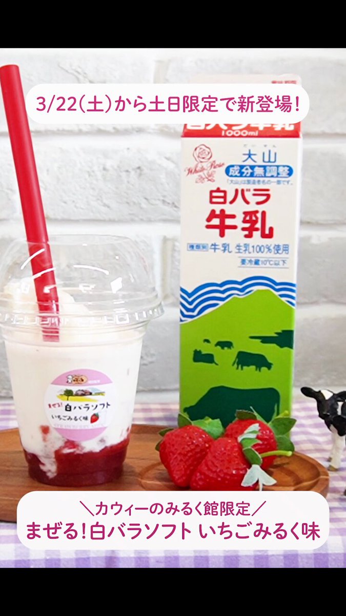 ＼カウィーのみるく館 新商品情報📣／ 3/22(土)より期間限定で「まぜる！白バラソフト いちごみるく味」が登場！🍓😍 カウィーのみるく館（📌鳥取県琴浦町）で、土日だけの数量限定販売です。 春にぴったりの新スイーツをぜひ食べにきてくださいね🌸