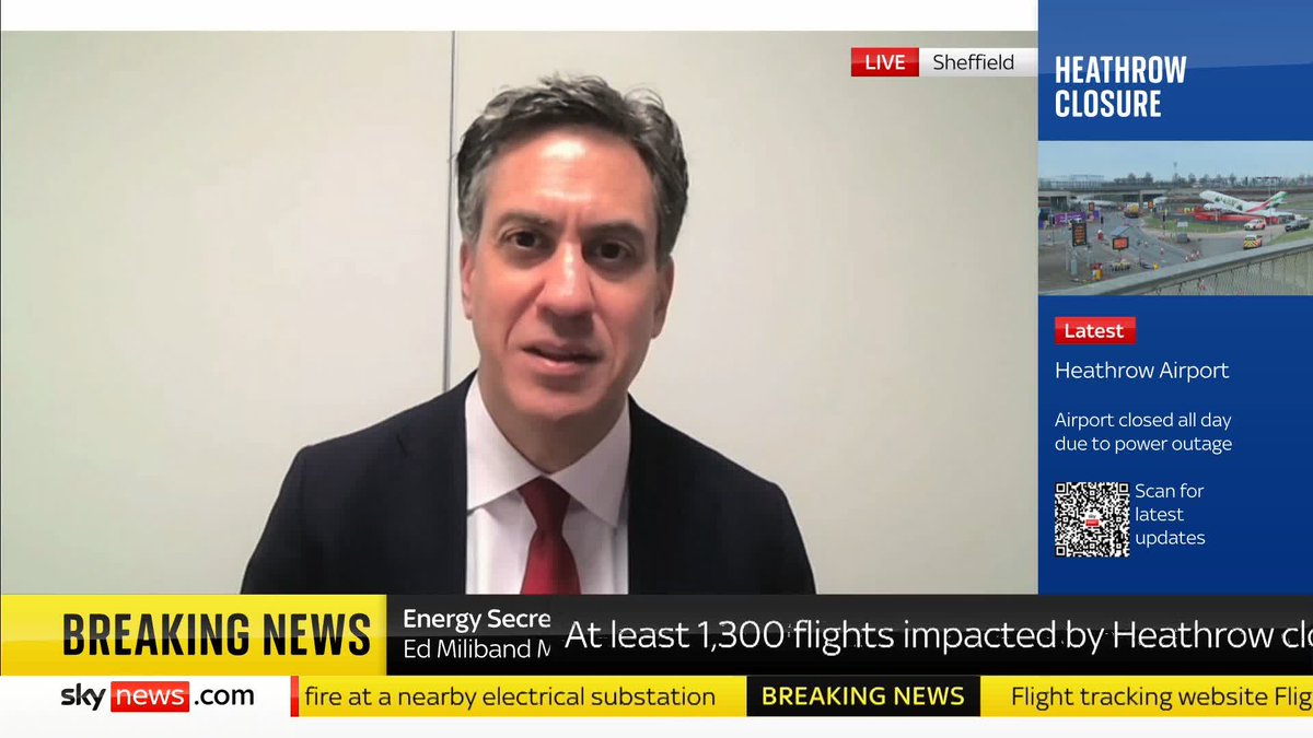 Energy Secretary Ed Miliband is questioned by Anna Jones on the safety of the UK's critical infrastructure after a fire at a substation near Heathrow Airport has caused it to close until midnight tonight. 📺 Sky 501, Virgin 602