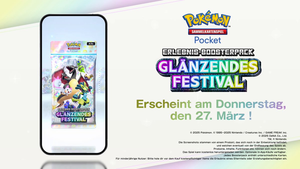 ✨ Fügt eurer Sammlung ein wenig Glanz hinzu ✨ Glänzendes Festival, die neueste Erweiterung für Pokémon-Sammelkartenspiel-Pocket, wird ab dem 27. März in der App verfügbar sein!