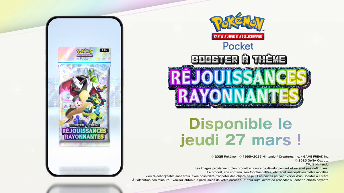 ✨ Faites rayonner votre collection de cartes en ligne ✨ La toute nouvelle extension du JCC Pokémon Pocket, Réjouissances Rayonnantes, sera disponible dans l’application à partir du 27 mars !