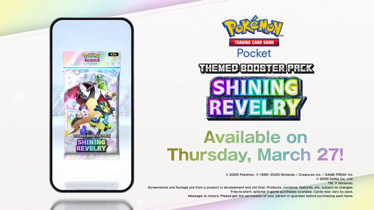 ✨Add a new shine to your online collection ✨ Pokémon TCG Pocket's latest expansion, Shining Revelry, will be available in-app from March 27th!