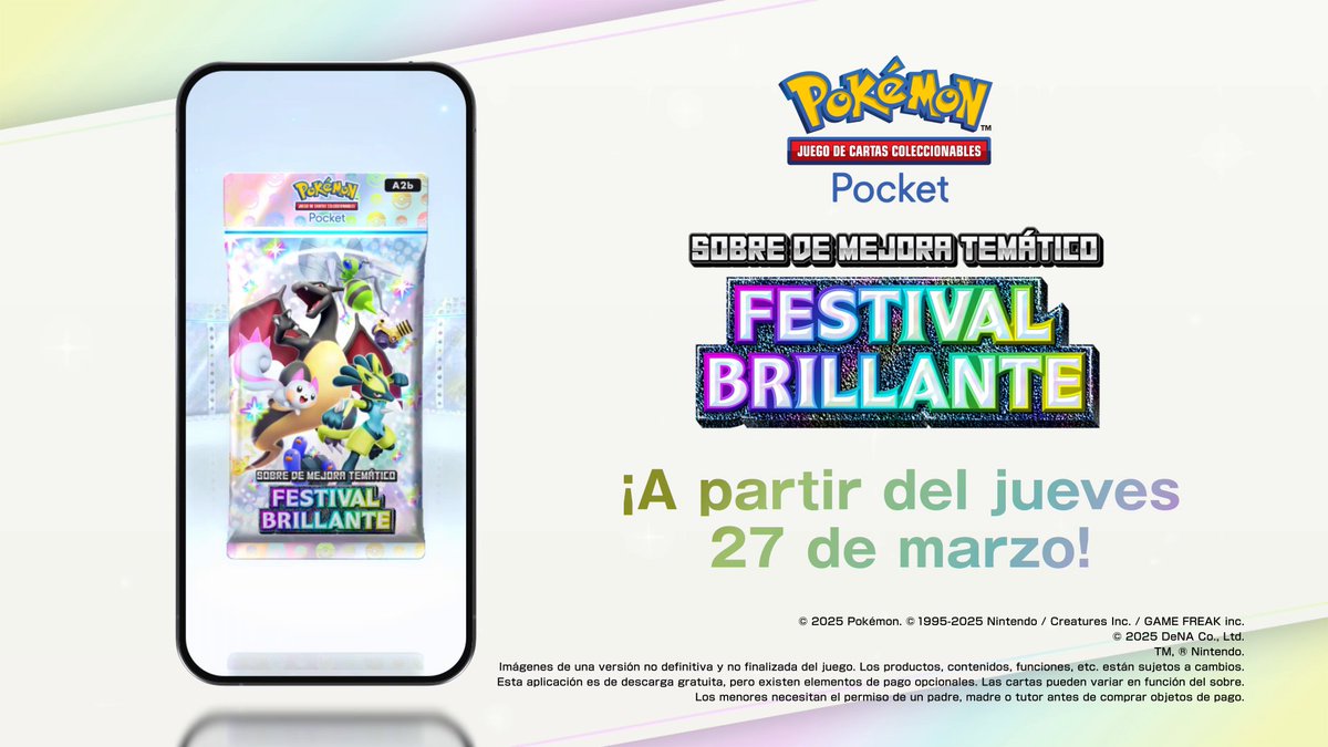 ✨ Haz que tu colección brille con luz propia ✨ La nueva expansión de JCC Pokémon Pocket, Festival Brillante, estará disponible en la aplicación a partir del 27 de marzo.