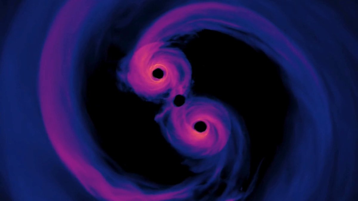 What happens when two supermassive black holes spiral toward collision? This supercomputer simulation sheds some light. Gas glows brightly around two black holes 40 orbits from merging, revealing this stage may be dominated by ultraviolet light with high-energy X-rays.