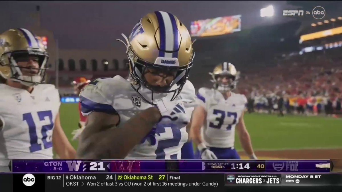 11/4/23: Michael Penix Jr. (Mike Penix Jr.) zips the ball to Ja’Lynn Polk (Jalynn Polk) to tie the game before half. UW would take the lead under a minute later before going into the break against #20 USC
