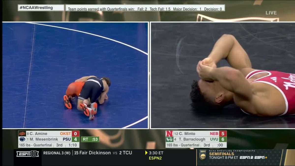 LATE MAGIC BY MINTO 🪄 The Nebraska Wrestling 165-pounder with a LATE takedown to upset the No. 4 seed 😤 #B1GWrestling on ESPNU 📺