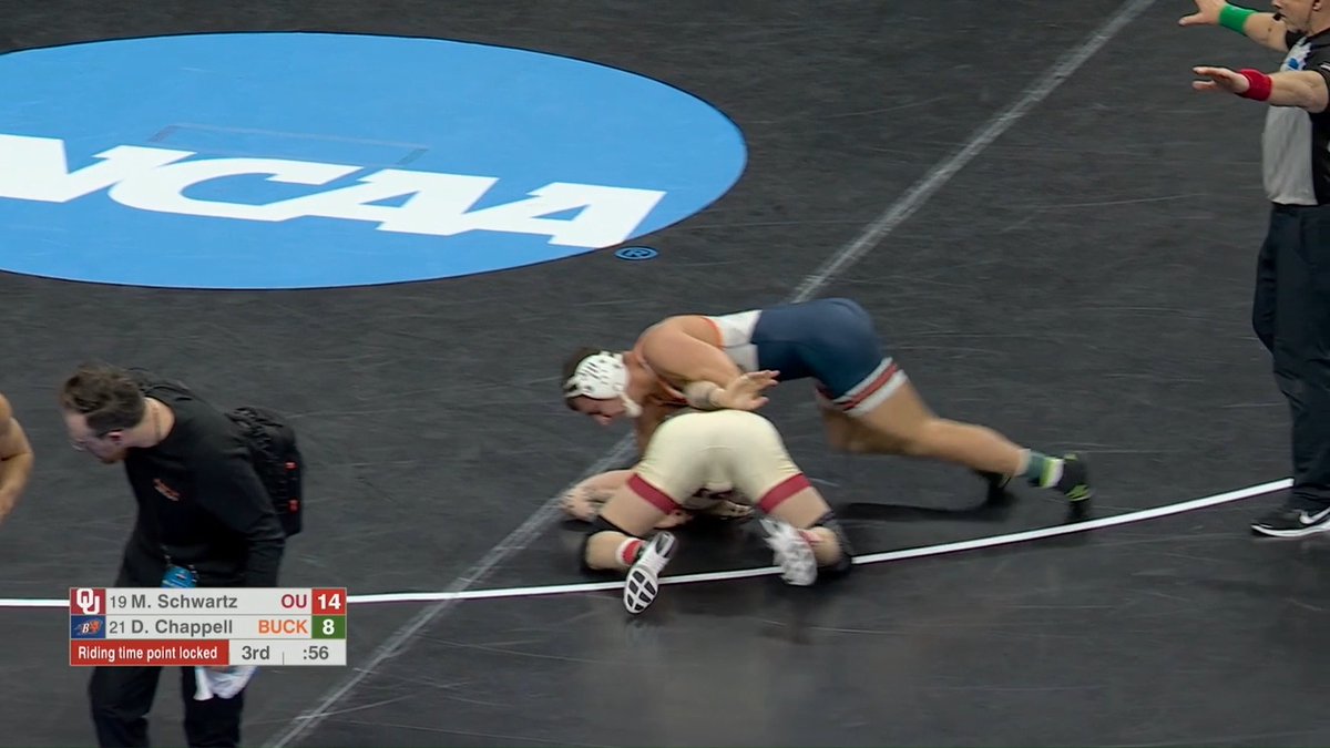 CHAPPELL!! Down 14-8 and with time draining away, Chappell went for broke with a risky maneuver and pins No. 19 Mosha Schwartz (Oklahoma) to stay alive in the NCAA Championships! WHAT A MOVE! His exuberance shined afterward! ESPN+ #rayBucknell | #OurWay | #SCTop10