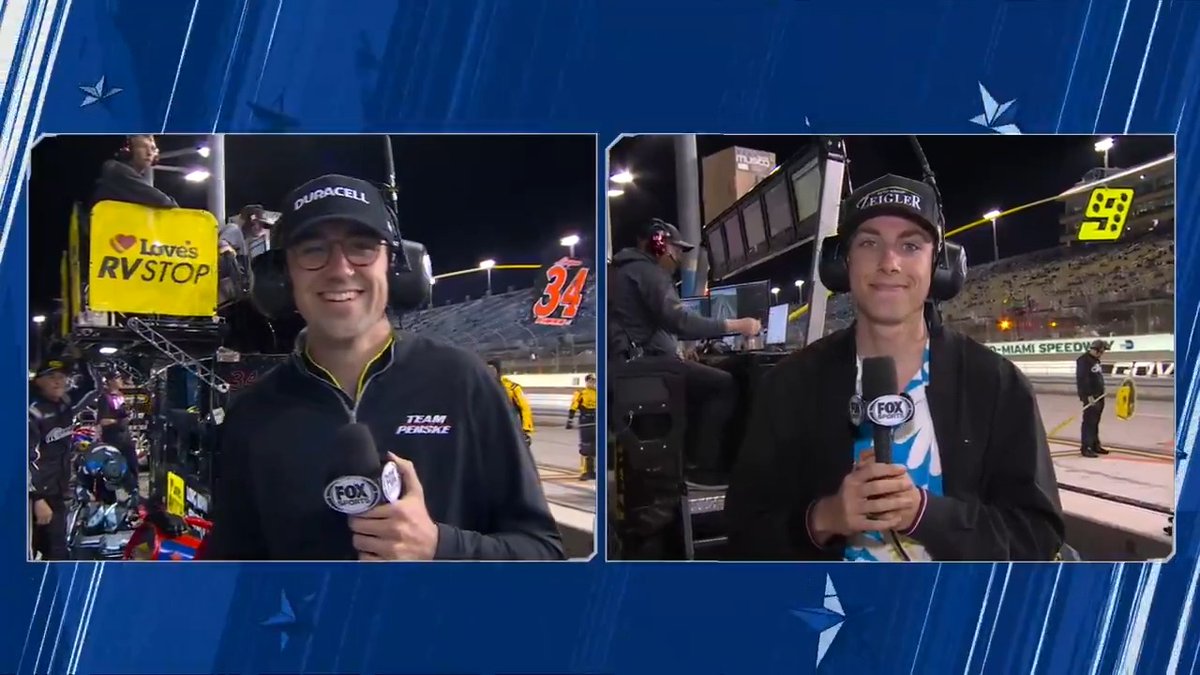 Time to go to work. Austin Cindric and Carson Hocevar are on pit road for tonight's Drivers Only broadcast on FOX. 🎙️😎