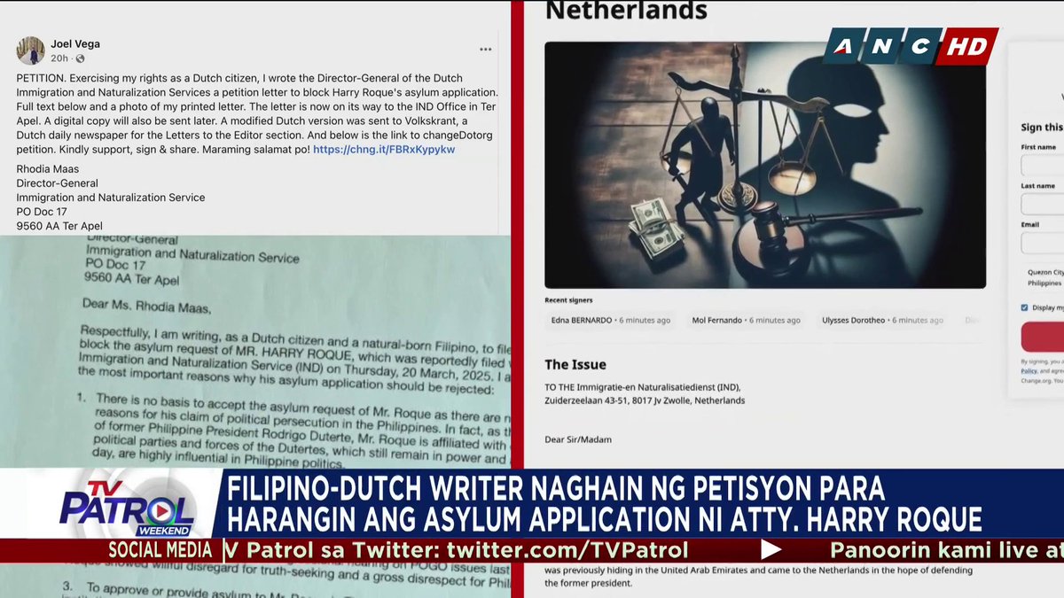 Inihain ng Filipino-Dutch writer na si Joel Vega ang petisyon para harangin ang asylum application ni dating presidential spokesperson Atty. Harry Roque. Kaugnay na ulat: