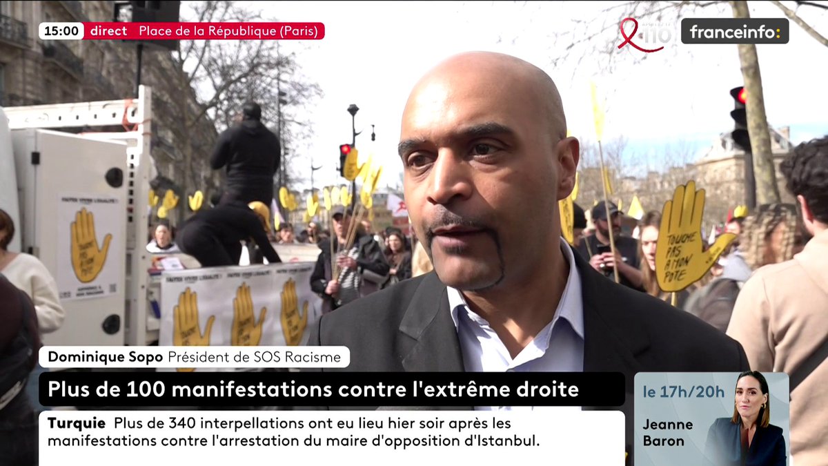 🔴 🗣"Lorsque l'on ne lutte pas contre le racisme, l'antisémitisme, les idéologies de la haine, et bien tout cela progresse" prévient Dominique Sopo, président de SOS Racisme, en direct de l'une des nombreuses manifestations contre le racisme et l'extrême droite.