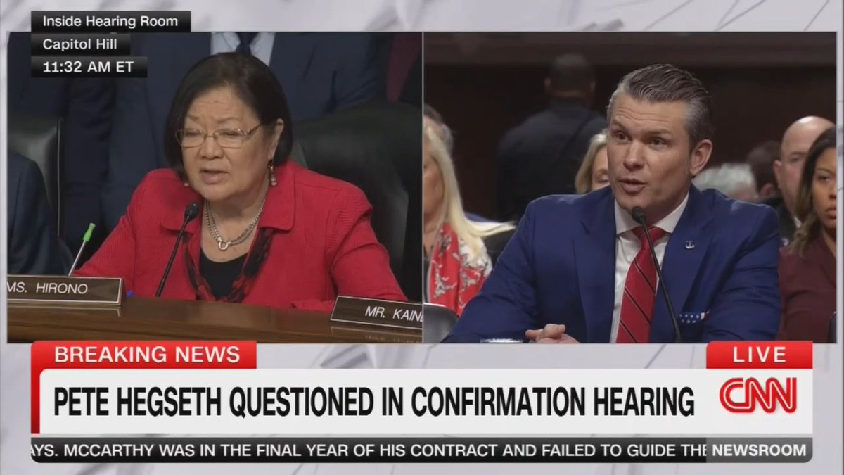 Sen. Hirono: Would you carry out an order to shoot protestors in the leg? Hegseth: (doesn’t answer) Sen. Hirono: That sounds like to me, you will comply with such an order, and you will shoot protestors in the leg.