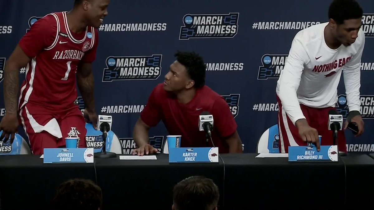 "Take theirs too" 😂 Coach Cal's Arkansas Men’s Basketball 🐗 players took some souvenirs from their presser 🐗 #MarchMadness