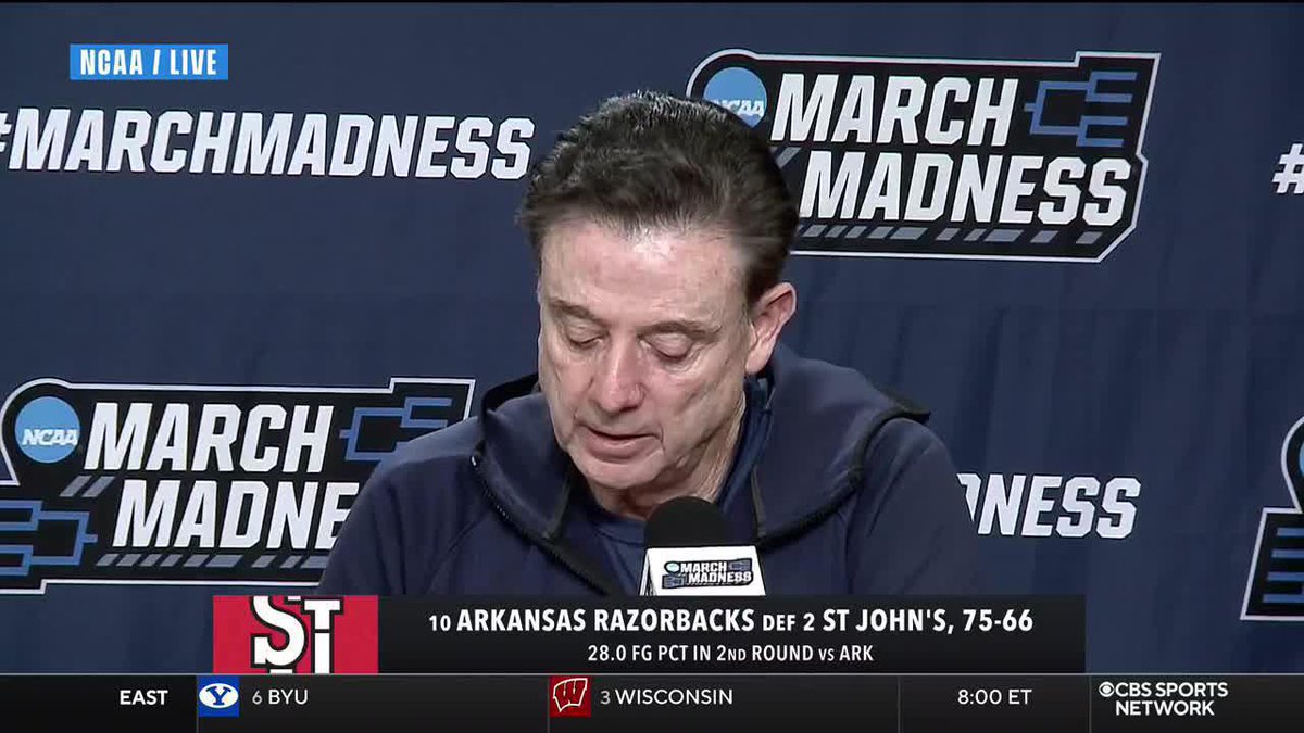 Reporter: "Was there one play with RJ (Luis) that made you sit him the last five minutes?" Rick Pitino: "You know he was 3-for-17 (FG); you know he was 0-for-3 (3s). So, you're answering your own... I'm not gonna knock one of my players." #MarchMadness