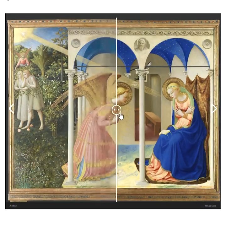 ⚒️ El antes y el después de una obra restaurada resulta muy impactante 🖼️ Gracias al visor interactivo del que dispone el Museo del Prado, podemos apreciar esas diferencias en algunas de sus obras, como en 'La Anunciación', de Fra Angelico