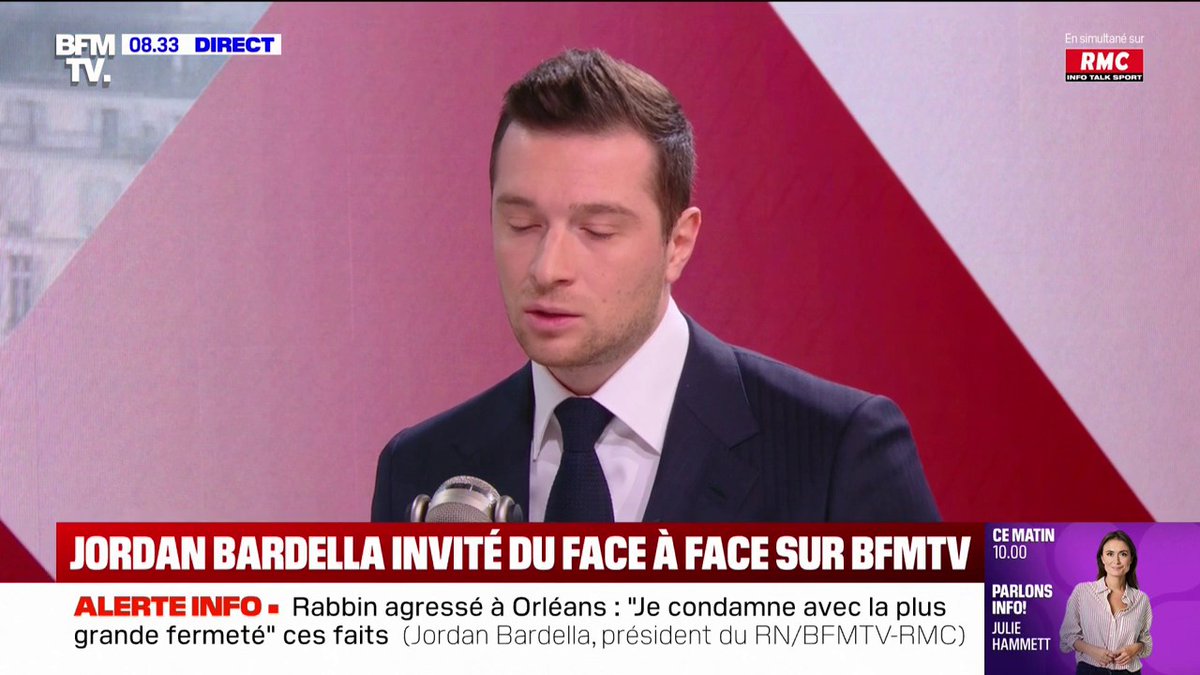 Rabbin agressé: "Je condamne avec la plus grande fermeté ce qui apparaît aujourd'hui comme un acte d'antisémitisme d'atmosphère qui se diffuse dans notre pays", affirme Jordan Bardella