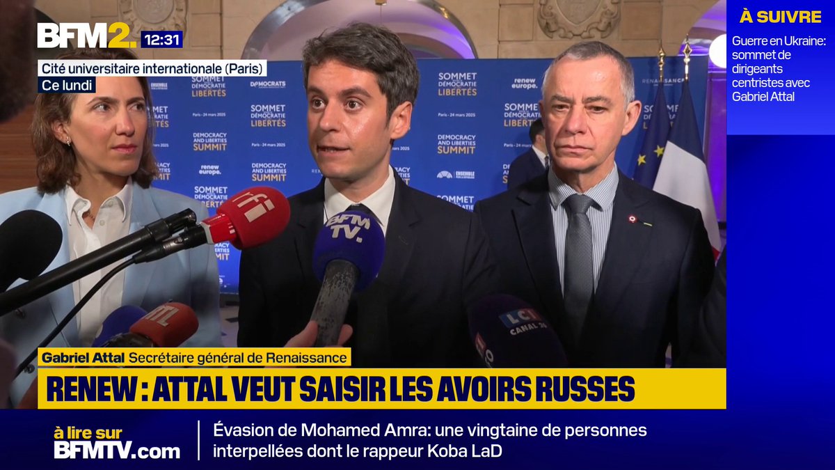 "Avant de faire payer les Français et les Européens (...), faisons payer les Russes" En marge du sommet Renew, Gabriel Attal appelle à saisir les avoirs russes pour financer le soutien à l'Ukraine