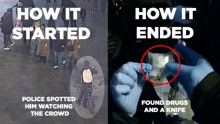 A man on an e-bike has been jailed after officers noticed him acting suspiciously on CCTV in Leicester Square. They stopped and searched him, finding drugs and a knife and made an immediate arrest. An additional search of his home revealed a haul of drugs.