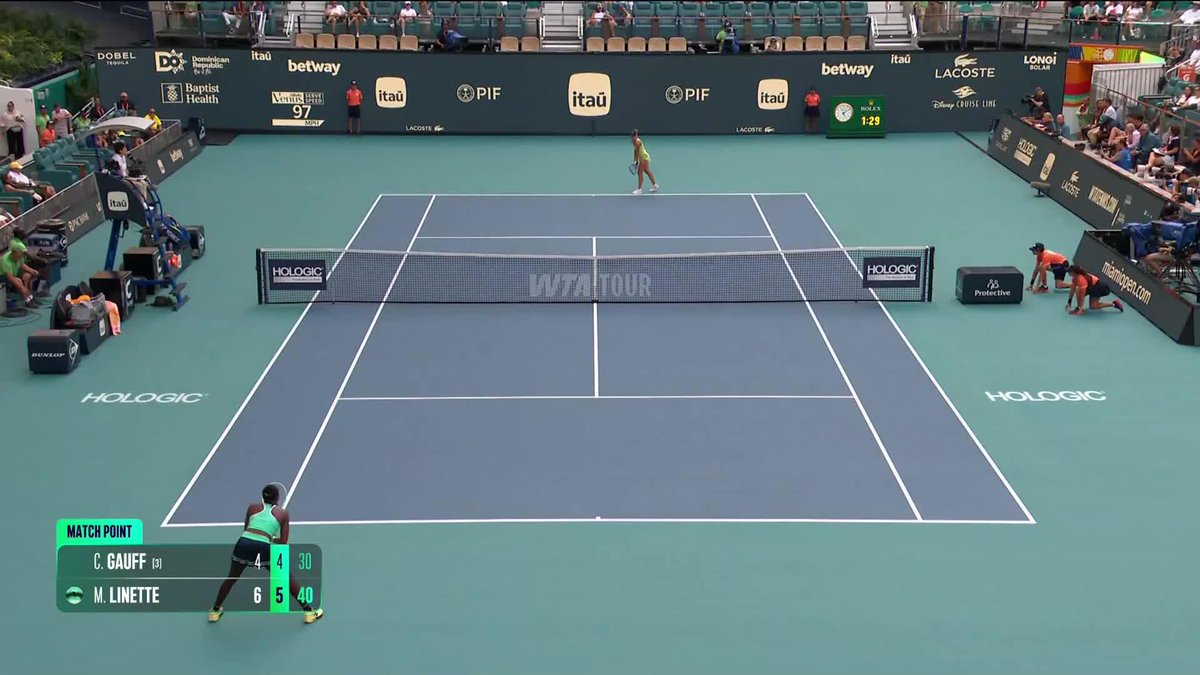 Upset on Center Court! Magda Linette defeats Gauff in straight sets 6-4, 6-4 and is into the final eight. #MiamiOpen