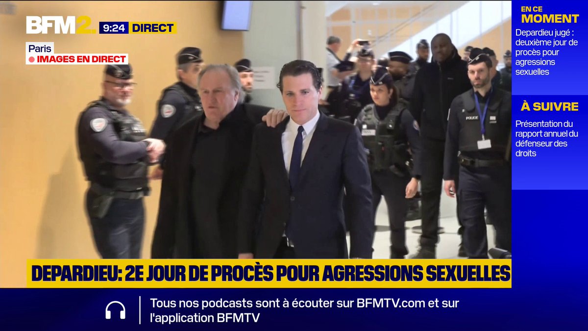 L'arrivée de Gérard Depardieu pour le deuxième jour de son procès pour agressions sexuelles, au tribunal judiciaire de Paris