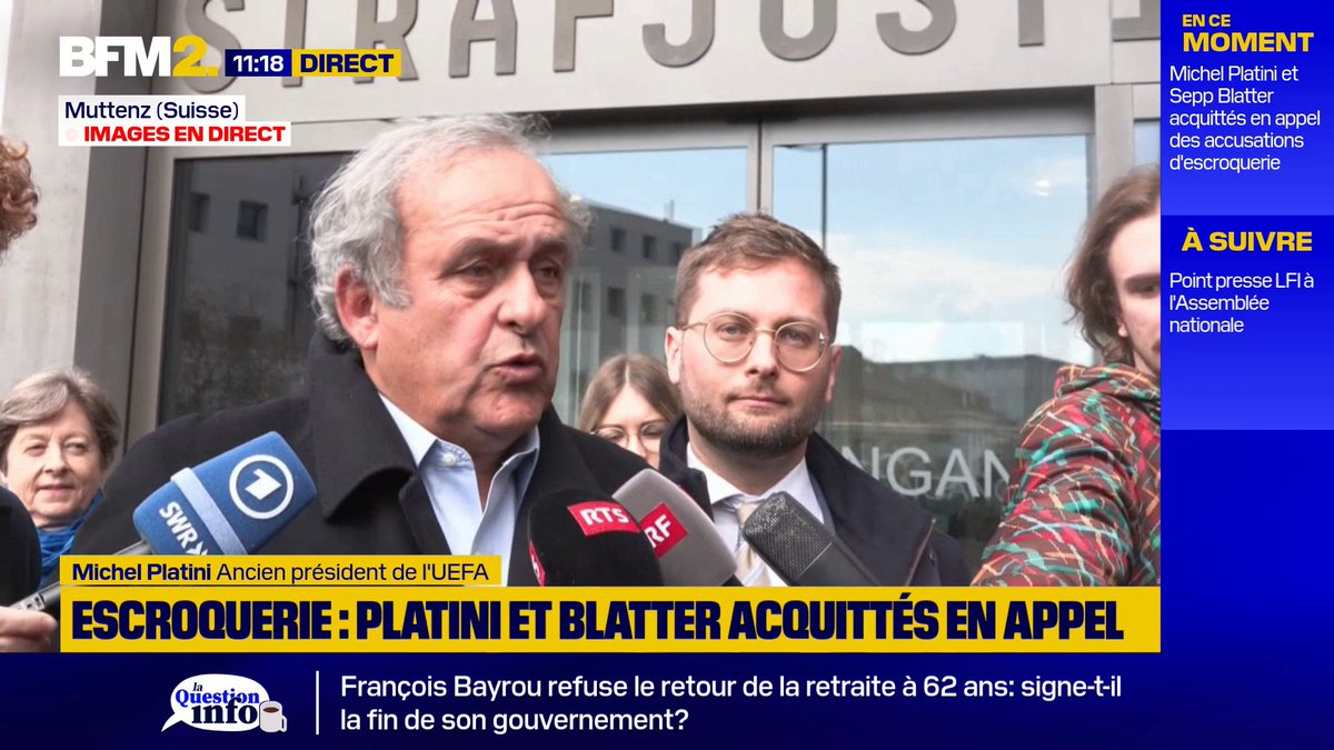 "La persécution de la FIFA et de quelques procureurs suisses depuis 10 ans est totalement terminée. L'histoire est très simple : il fallait m'empêcher d'être président de la FIFA" a réagi Michel Platini juste après son acquittement en appel dans son litige l'opposant à la FIFA.
