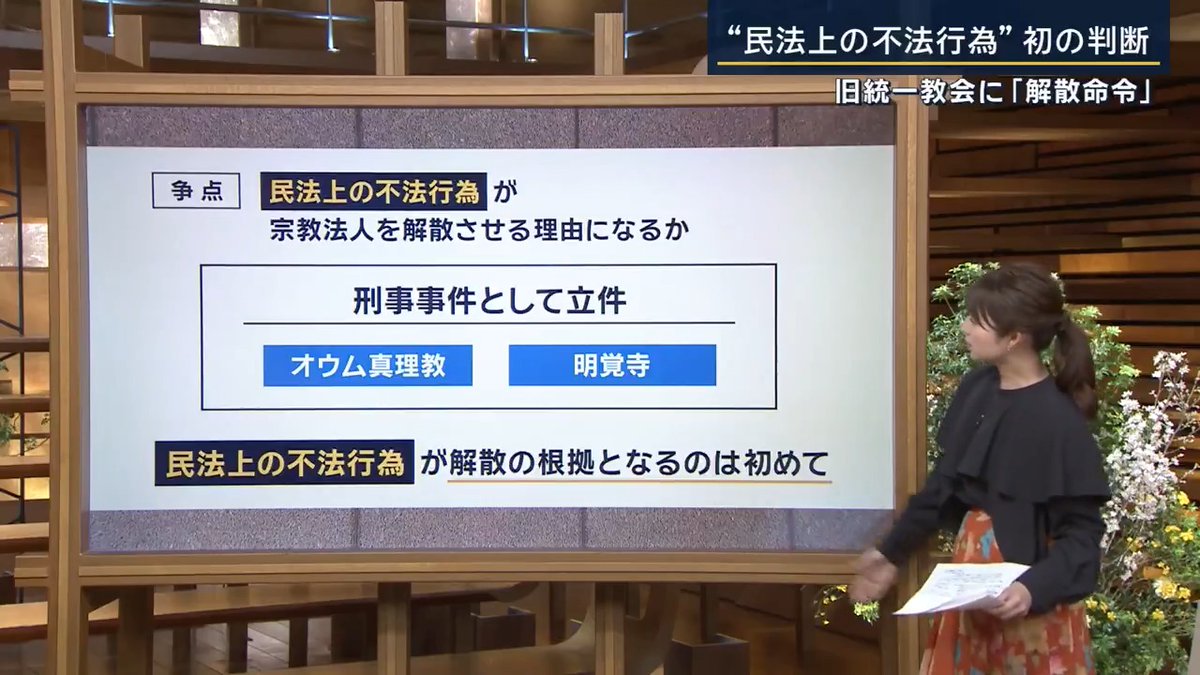 【旧統一教会】“民法上の不法行為”で解散命令 背景は ｜ ▼争点 「違法な献金集め」という民法上の不法行為が宗教法人を解散させる理由になるか 過去に法令違反で解散命令が出されたのはオウム真理教など2件 →いずれも刑事事件として立件 民法上の不法行為が解散の根拠になるのは初めて ▼教団側は2009年「コンプライアンス宣言」 違法な献金集めの被害はなくなったと主張 東京地裁 コンプライアンス宣言後、民事判決などで179人、約9億8500万円の損害が生じたと判断 →教団の献金集めは「著しく公共の福祉を害する」 『信教の自由』を踏まえても… 「これまでに類例のない甚大な被害」は看過できない 「教団が根本的な対策を講じていない」 →解散命令はやむを得ないと結論 ▼東京地裁の決定をどう評価すべき？ 宗教法人法 法令に違反して“著しく”公共の福祉を害すると“明らかに”認められる行為 ◼︎法政大学 法科大学院 水野智幸教授 「旧統一教会では、教義や教理と結びついた形で高額献金を迫るなどの違法な行為が繰り返された。宗教団体としての制約を受けるのもやむを得ないと裁判所が判断したのでは」 →妥当と評価 ◼︎教団側 「意図的に生み出された民事事件や、政府が“捏造”した被害事実を理由に解散を命じるなど、国家による明らかな信教の自由への侵害だ」 ▼教団側は即時抗告する意向 ◼︎法政大学 法科大学院 水野智幸教授 「東京高裁の判断まで1年はかからないだろう」 ・解散命令が確定すると税優遇が受けられなくなる ・解散命令が確定しても宗教活動は続けられる ◼︎被害者側の弁護団 「解散命令の確定前に財産隠しをされると、被害者の救済が難しくなる」 ↓ 旧統一教会の問題は一区切りと受け止められがちだが、救済はこれから。ようやくスタートライン