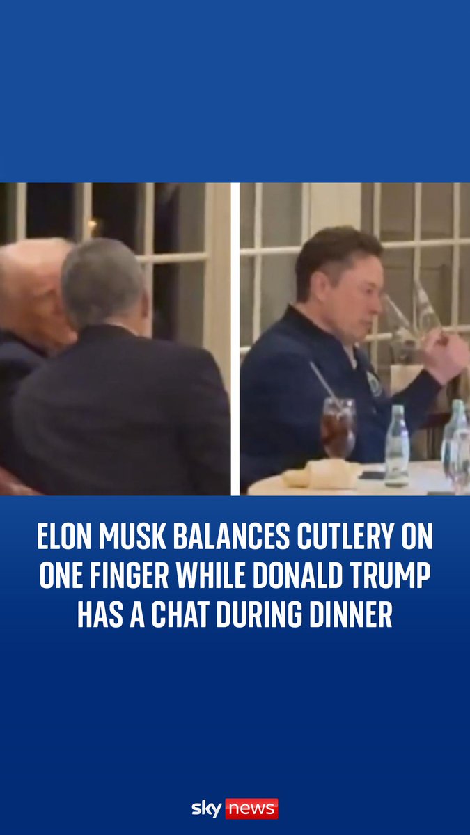 Elon Musk is seen playing with two spoons and a fork while Donald Trump is deep in conversation a few feet away at a golf dinner event.