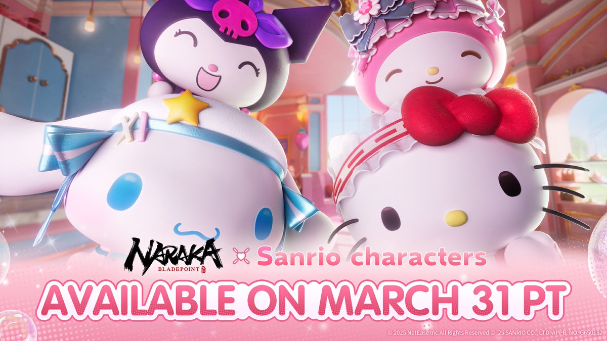 Too Cute To Counter ♡ NARAKA: BLADEPOINT x SANRIO Hello Forerunners and welcome the most adorable outfits in #NARAKABLADEPOINT to date, the Sanrio Quartett! Play a little dress up with the most enchanting ladies in their cutest looks before heading back into Morus Isle. Available from April 1st.