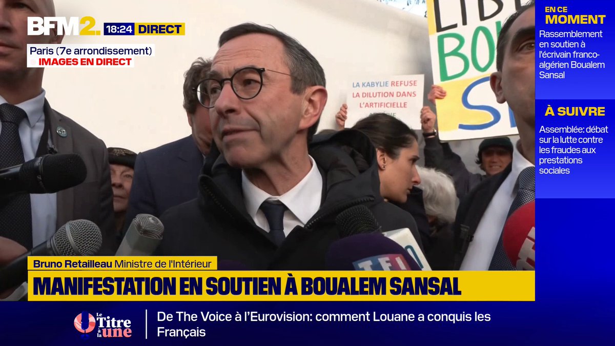 💬 "Sa seule faute, c'est d'être un esprit libre" Bruno Retailleau, ministre de l'Intérieur, s'est rendu au rassemblement organisé à Paris en soutien à l'auteur franco-algérien Boualem Sansal