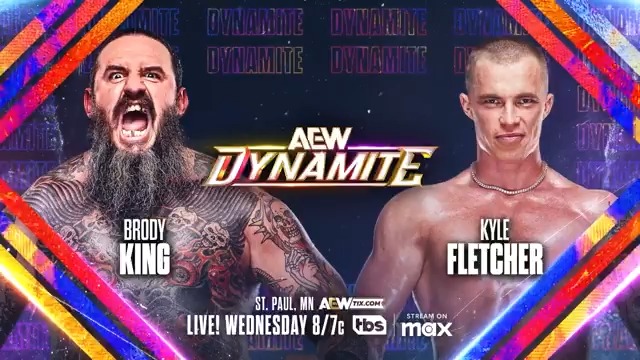 TOMORROW 3/26! #AEWDynamite St. Paul, MN Live at 8ET / 7CT on TBS Network + @SportsOnMax Brody King vs Kyle Fletcher After his bold comments on #AEWCollision, The Protostar @KyleFletcherPro will fight 1-on-1 against @BrodyxKing of The Hounds of Hell TOMORROW on TBS + Max!