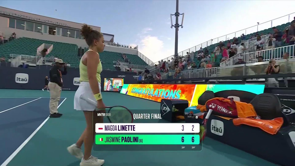 Breaking new ground! 💪 Jasmine Paolini defeats Linette in straight sets and is into the semifinals! #MiamiOpen