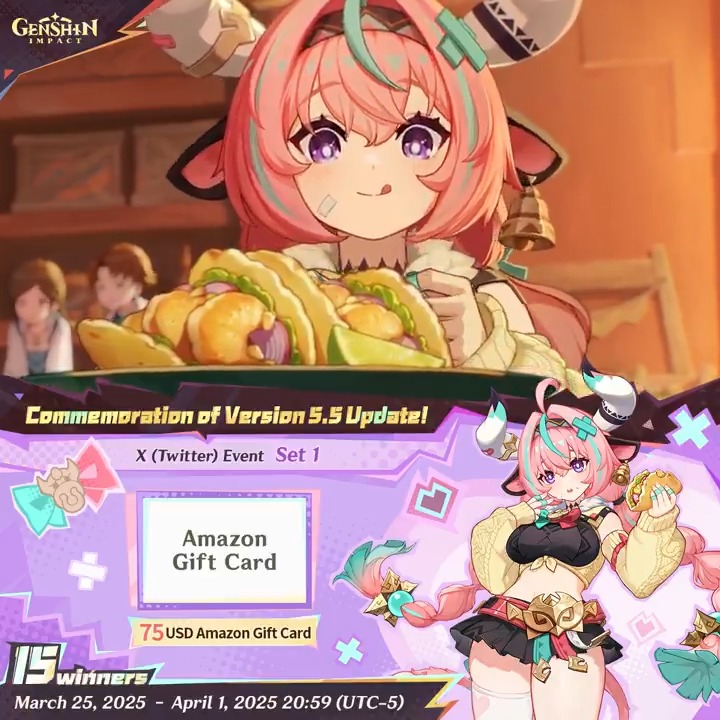 ✨Set 1✨ Commemoration of Version 5.5 Update 🎁Participate in the event for a chance to win a $75 Amazon gift card. How to Participate: ① Follow Genshin Impact ② Retweet this post You can instantly check the event results here>>> #GenshinImpact