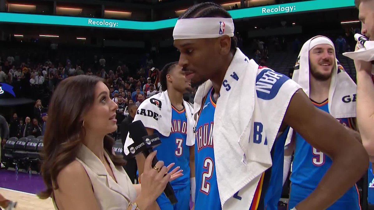 "I just put in the work and trust it" Shai Gilgeous-Alexander caught up with Lauren Jbara after passing Kevin Durant for most consecutive 20+ point games in OKC THUNDER HISTORY with 65 💪