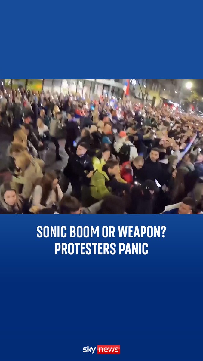 An anti-government protest in Belgrade is sent into a panic as a noise rings out, believed to be either a sonic boom or a weapon of some kind, the latter of which is denied by president.