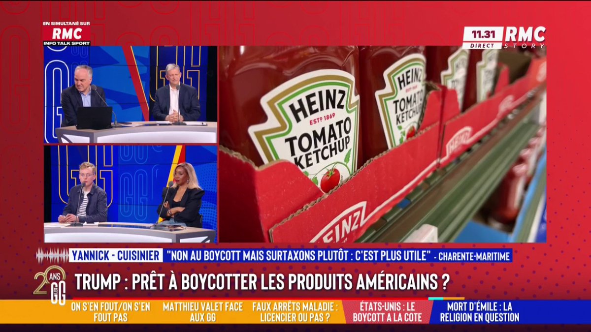🍔 1 Français sur 3 boycotte les produits américains 📞 Yannick, cuisinier au 3216 : "Trump est notre ennemi, il veut dépouiller l'Europe. Il faut surtaxer et montrer qu'on existe...on doit surenchérir." #GGRMC