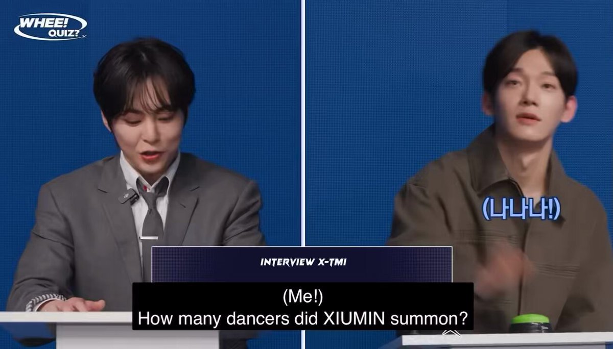 HAHAHHA Baekhyun and Xiumin ganging on Jongdae for not releasing an performance album 🤣 Q: How many dancers did Xiumin summon in the MV? 🦖: 7 🐱: wrong! 🐶: 8 🐱: correct! 🐶: No wonder that Jongdae doesn't make a performance album. 🐱: I know right! 🦖: I don't know anything about that ㅋㅋ 🐶: Solo artists should have an odd number of people
