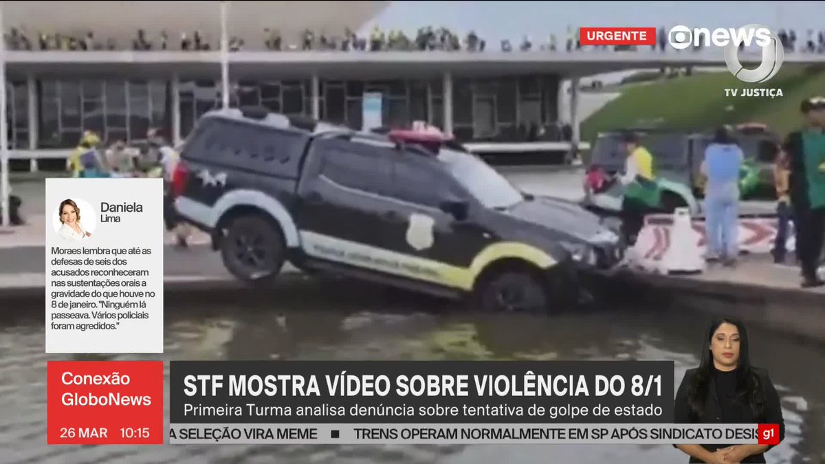 STF mostra vídeo sobre violência do 8/1: Primeira Turma analisa denúncia sobre tentativa de golpe de Estado. Alexandre de Moraes questiona: "Isso não é violência? (...). Uma verdadeira guerra campal". ➡ Assista ao #ConexãoGloboNews: #GloboNews