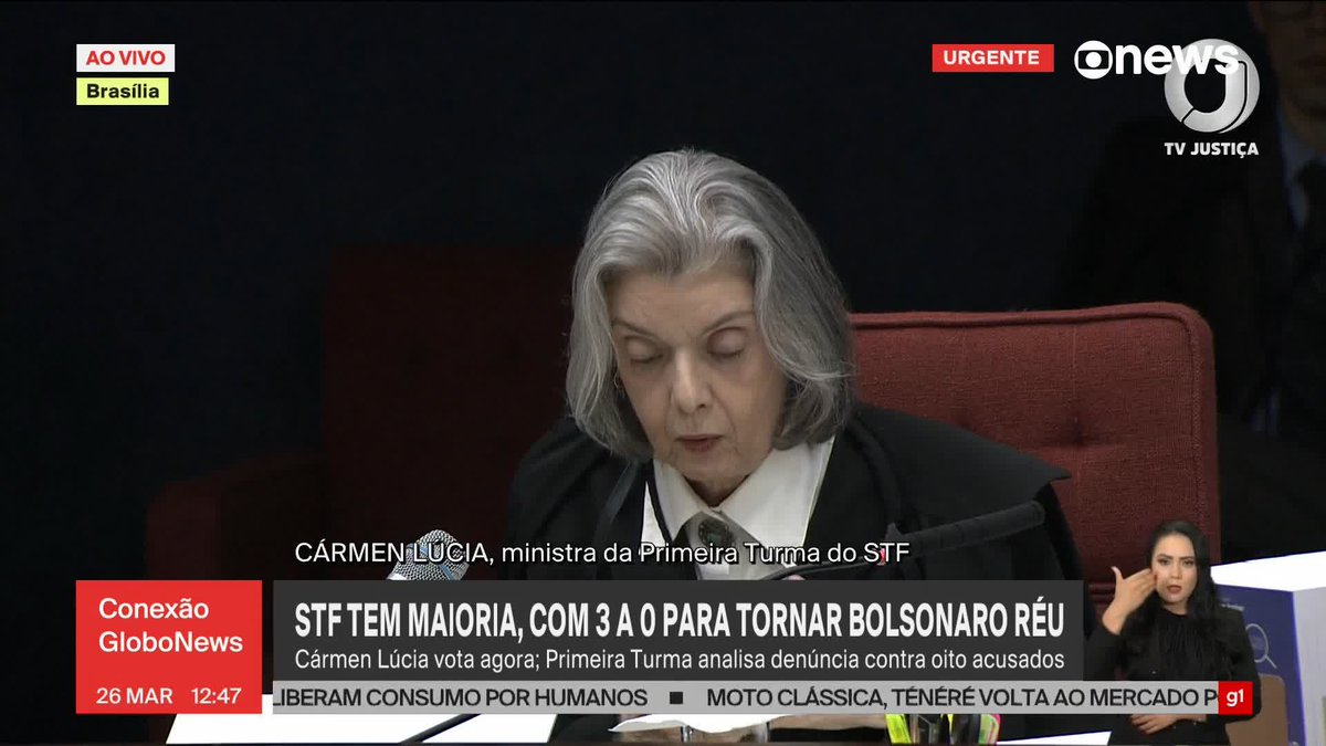 Ministra Carmén Lúcia aceita denúncia da PGR e vota para tornar Bolsonaro e aliados réus por tentativa de golpe de Estado: “Seria prematuro não receber, seria até um descumprimento do nosso dever.” ➡ Assista ao #ConexãoGloboNews: #GloboNews