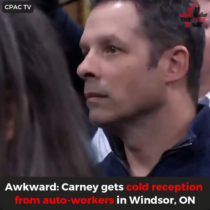 WATCH: A very awkward Mark Carney got a cold reception at an auto-workers plant in Windsor, Ontario today. Would you want to be pulled out of work to listen to this? Look at the gentleman's face at the end. Sums up how almost every Canadian feels listening to this guy. #cdnpoli