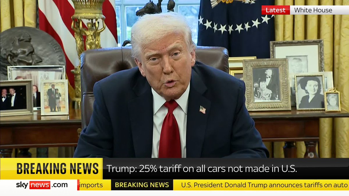 President Donald Trump announces a '25% tariff on all cars that are not made in the US.' 📺 Sky 501, Virgin 602, Freeview 233 and YouTube